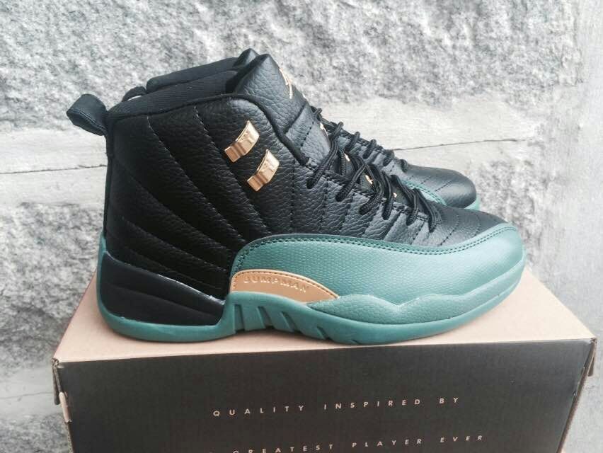 New Air Jordan 12 Black Apple Green Gold Shoes - Click Image to Close